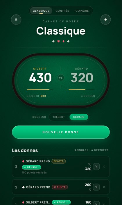 Écran Belote classique avec le score de la partie dans l'application Beloteur.fr