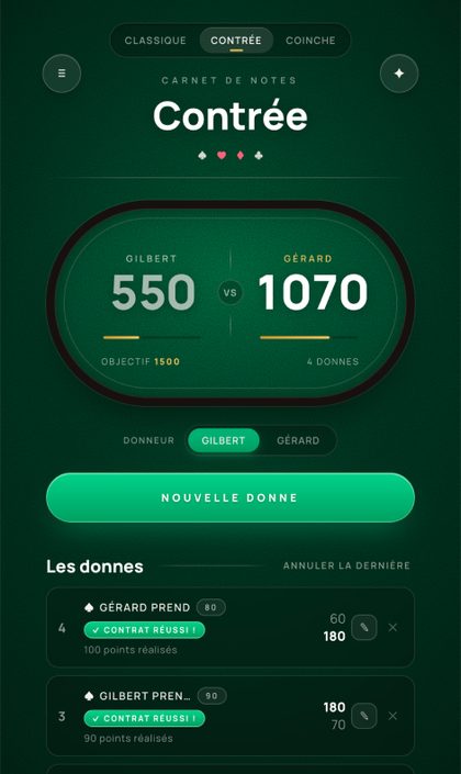 Écran Belote contrée avec le score de la partie dans l'application Beloteur.fr